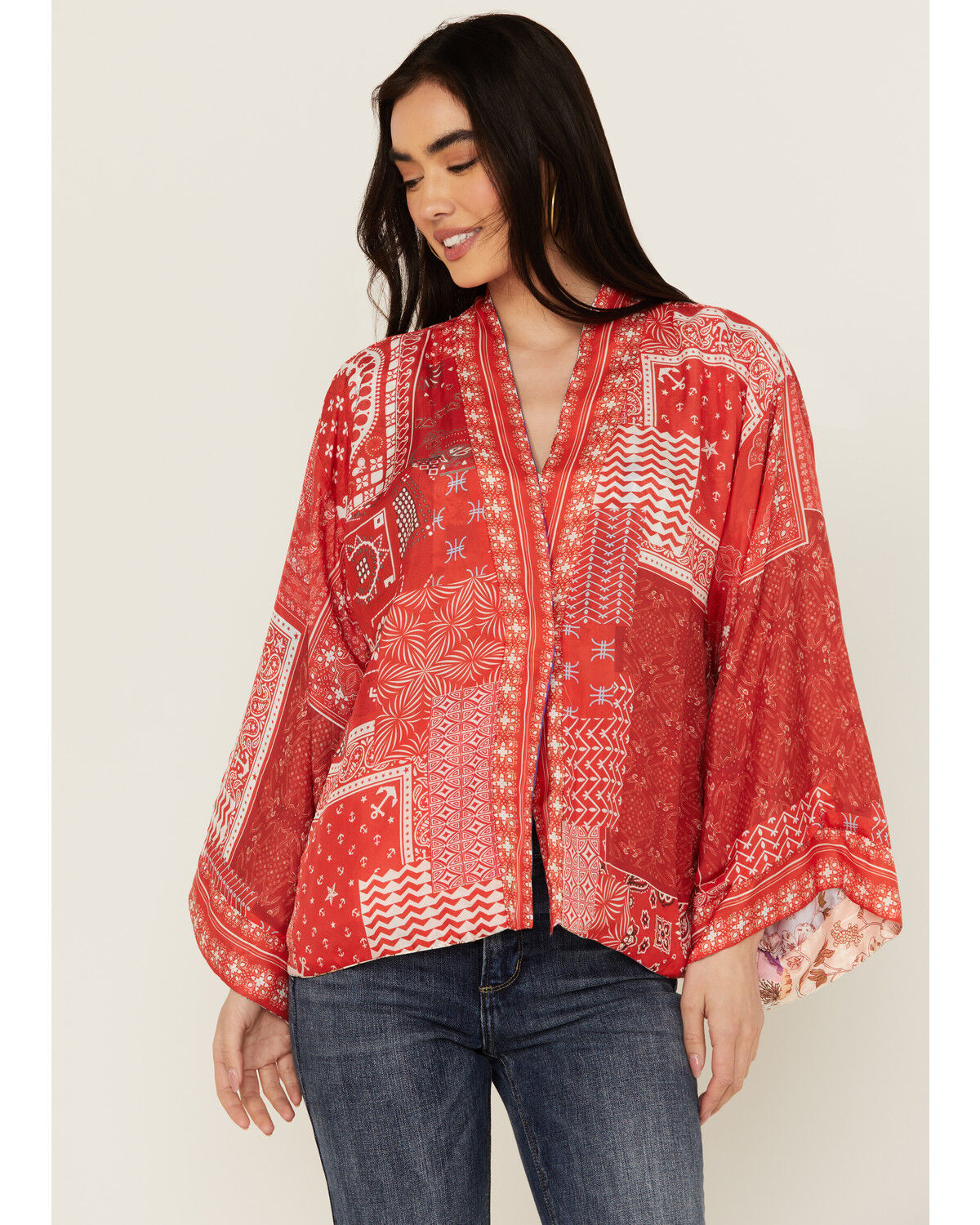 Image #1 - Johnny Was Women's Cosmo Nana Reversible Patchwork Floral Print & Paisley Bandana Kimono, Multi, hi-res