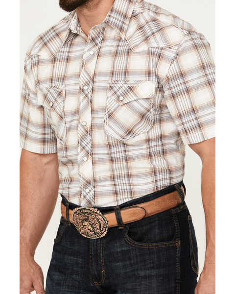 Image #3 - Rough Stock by Panhandle Men's Ombre Plaid Print Short Sleeve Pearl Snap Western Shirt, Brown, hi-res