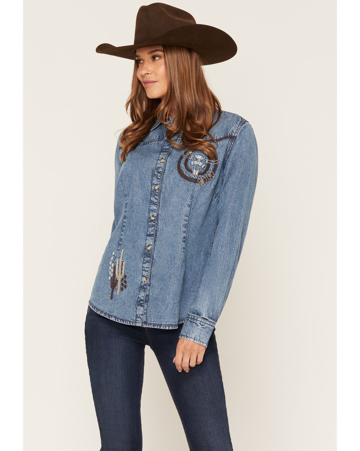 Image #1 - Shyanne Women's Ironwood Embroidered Long Sleeve Button-Down Woven Shirt, Light Medium Wash, hi-res