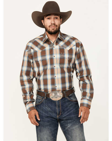 Image #1 - Stetson Men's Plaid Print Long Sleeve Pearl Snap Western Shirt, Brown, hi-res