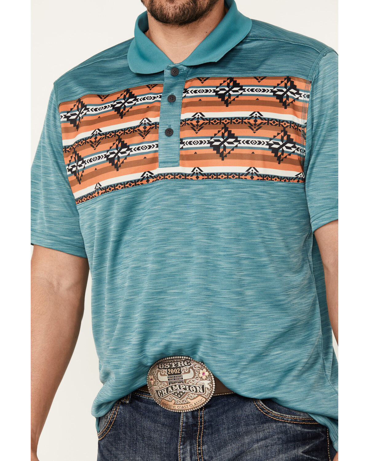 Image #3 - RANK 45® Men's Jacinto Southwestern Border Striped Short Sleeve Polo Shirt, Teal, hi-res