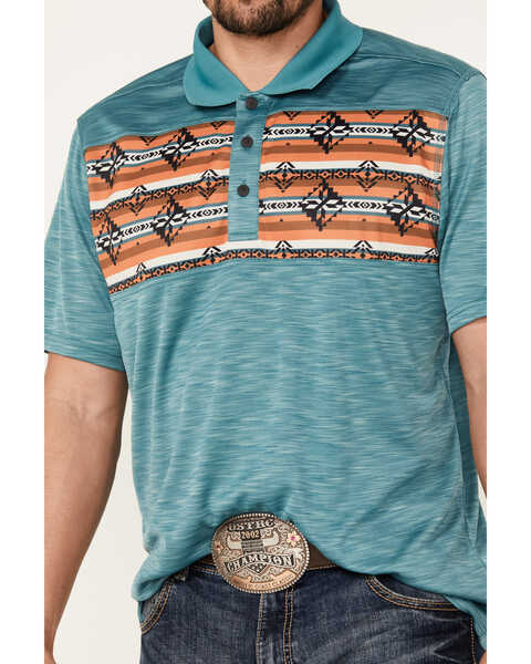Image #3 - RANK 45® Men's Jacinto Southwestern Border Striped Short Sleeve Polo Shirt , Teal, hi-res