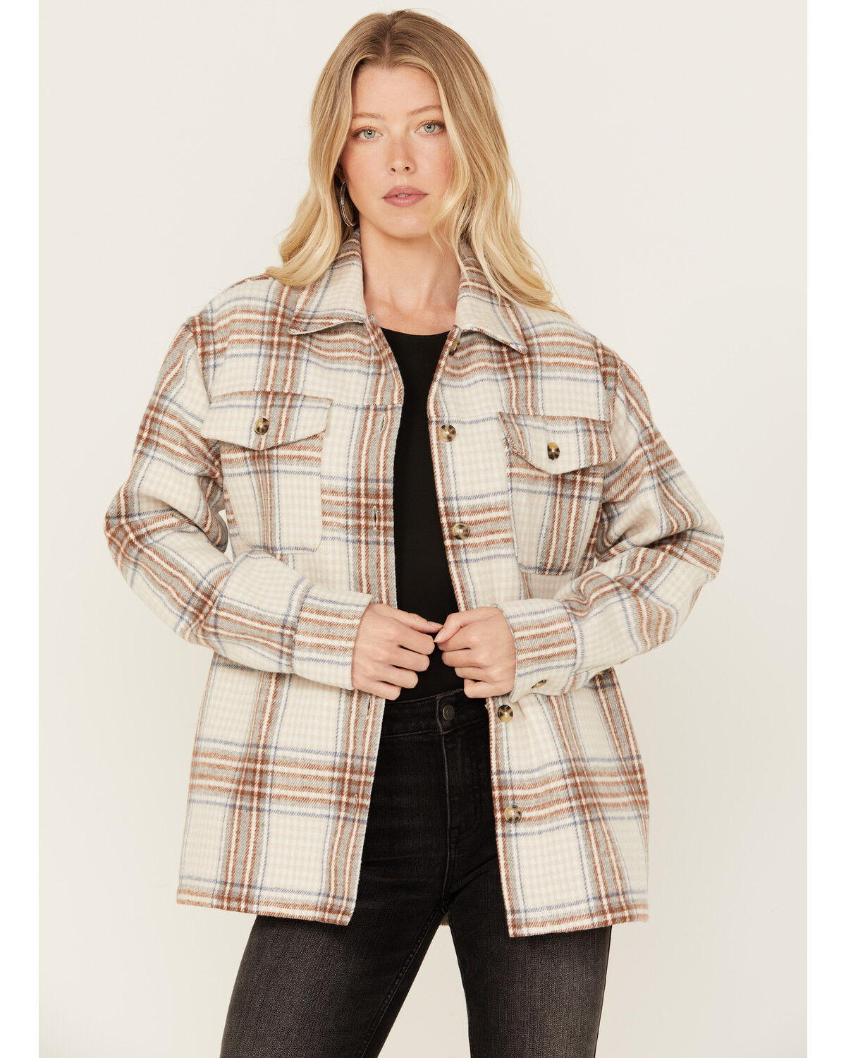 Image #1 - Cleo + Wolf Women's Flannel Shacket, Cream, hi-res