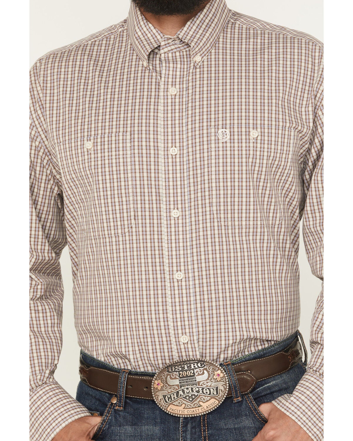 Image #3 - George Strait by Wrangler Men's Plaid Print Long Sleeve Button-Down Stretch Western Shirt, Taupe, hi-res