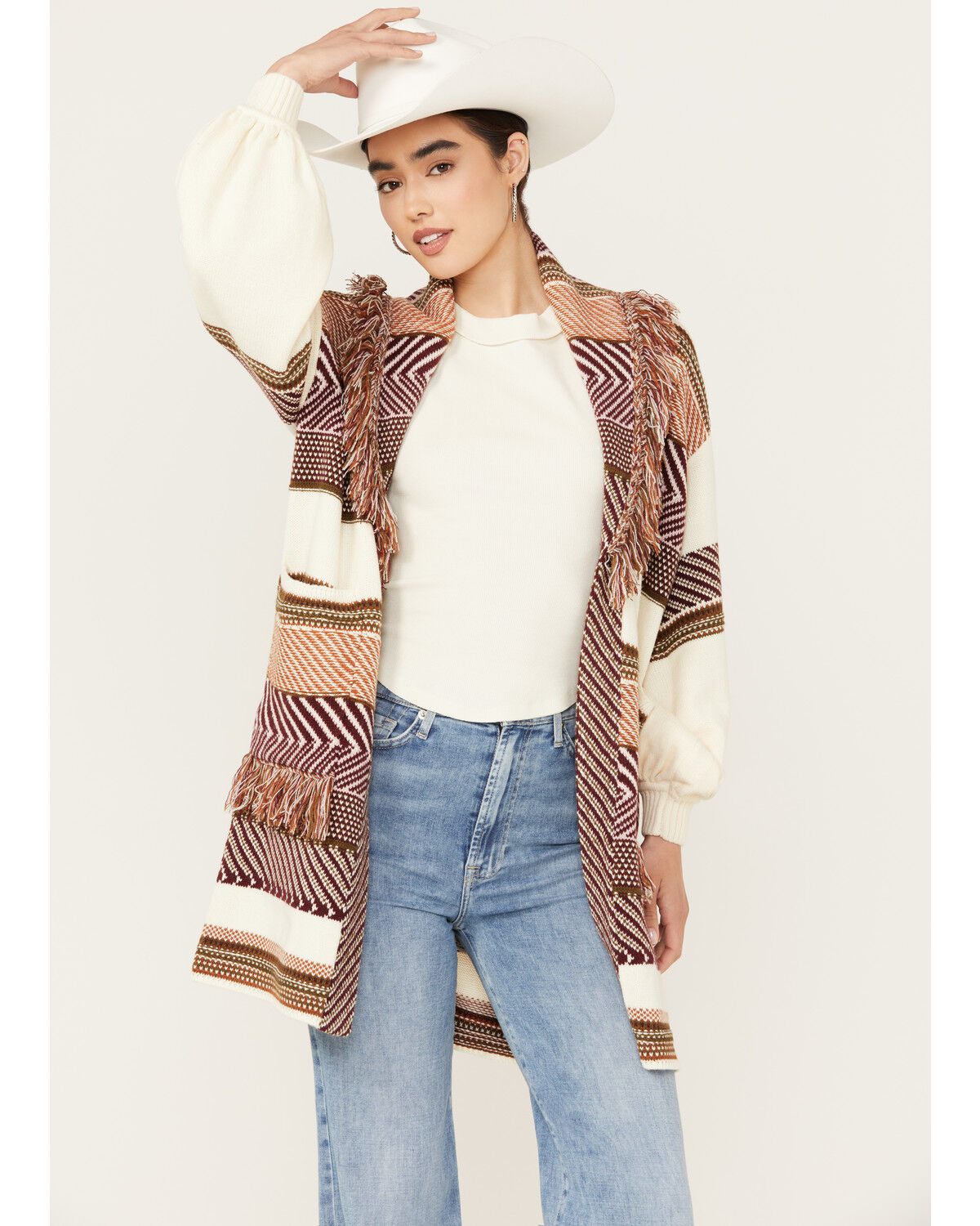 Image #1 - Shyanne Women's Striped Fringe Cardigan, Cream, hi-res