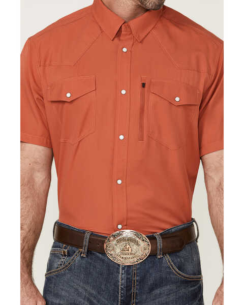 RANK 45 Men's 8 Seconds Short Sleeve Pearl Snap Western Tech Shirt , Medium Red, hi-res