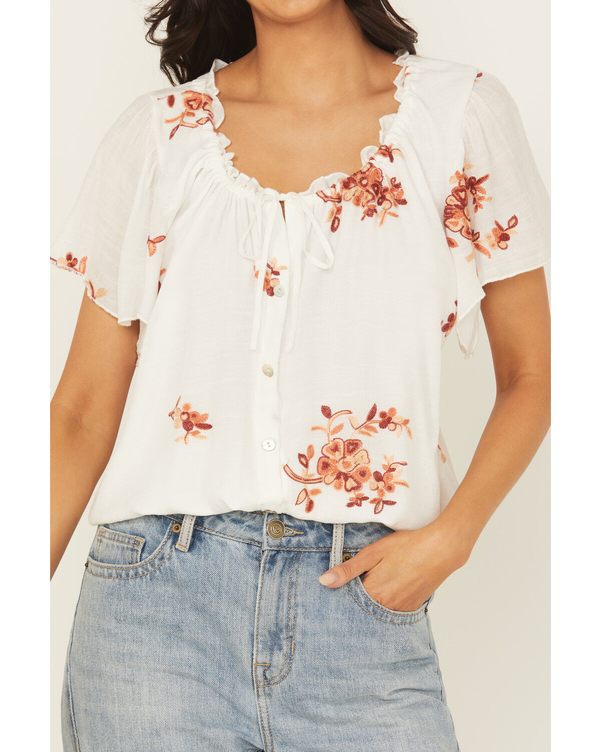 Image #3 - Wild Moss Women's Embroidered Tie-Front Top, White, hi-res