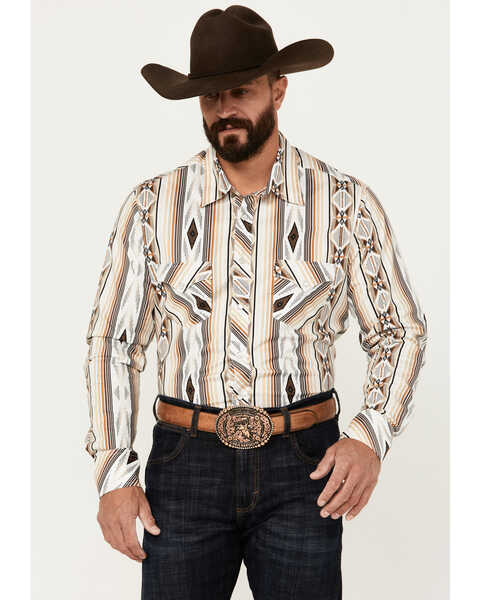 Image #1 - Rock & Roll Denim Men's Southwestern Striped Print Long Sleeve Pearl Snap Stretch Western Shirt, Tan, hi-res