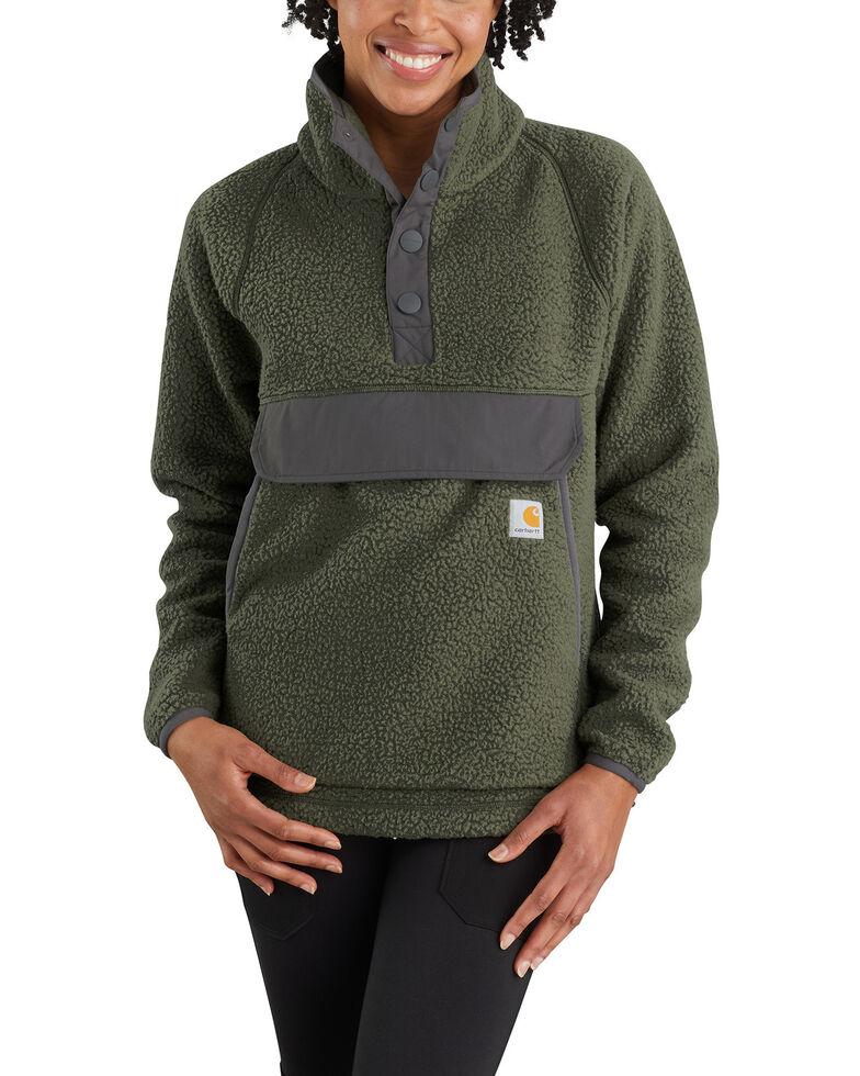 Carhartt Women's Heather Basil Relaxed Fit 1/4 Snap Fleece Work Pullover - Plus, Olive, hi-res