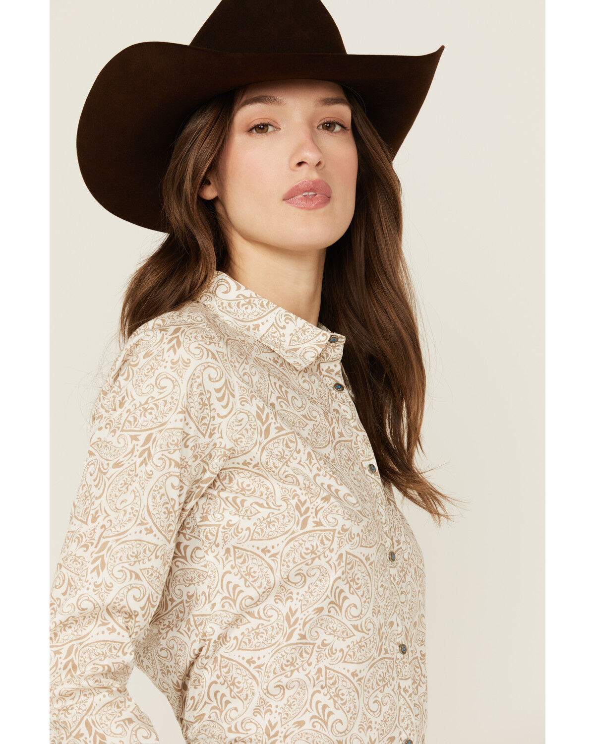 Image #2 - Shyanne Women's Paisley Print Long Sleeve Snap Stretch Western Shirt, Off White, hi-res