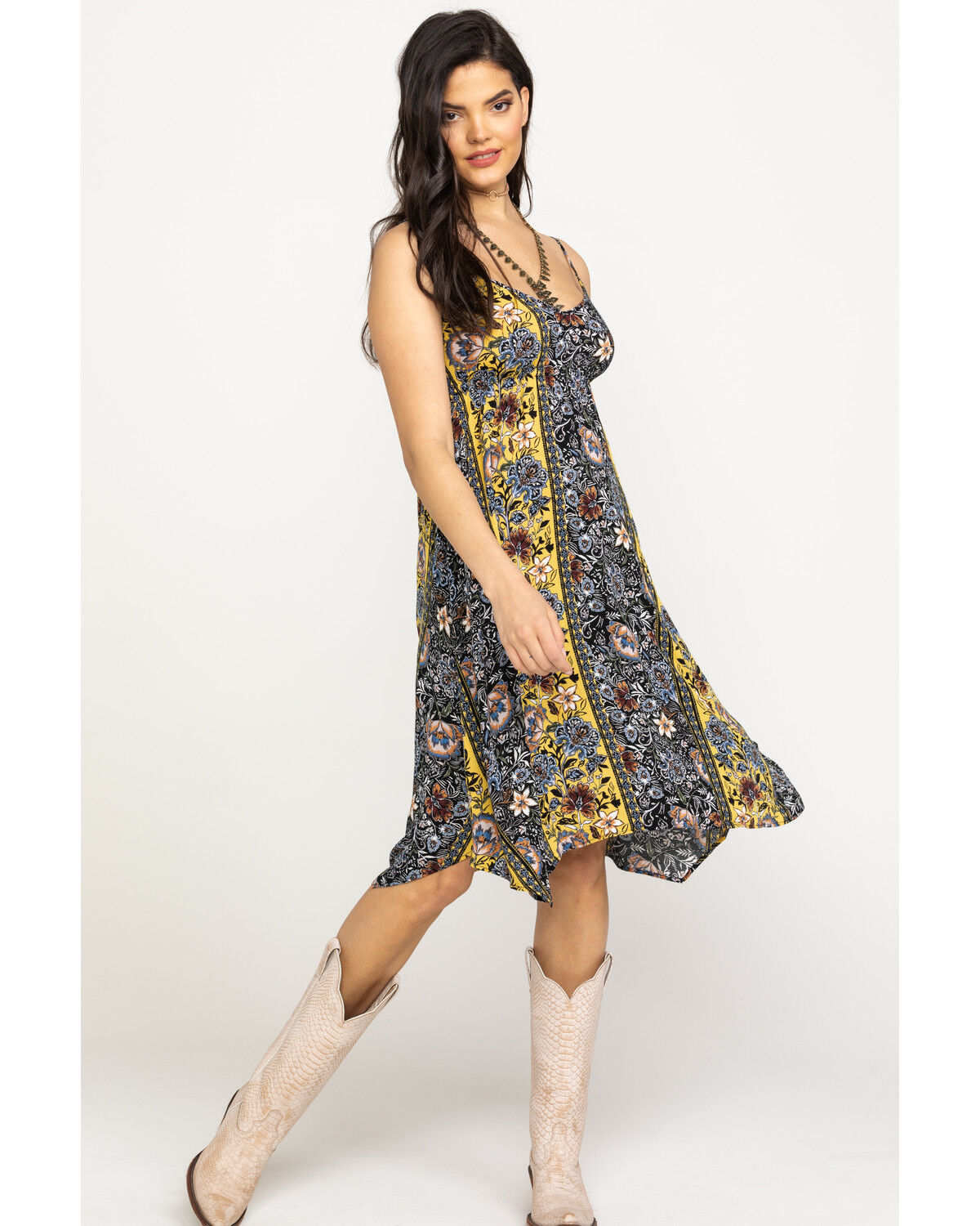 mustard floral midi dress