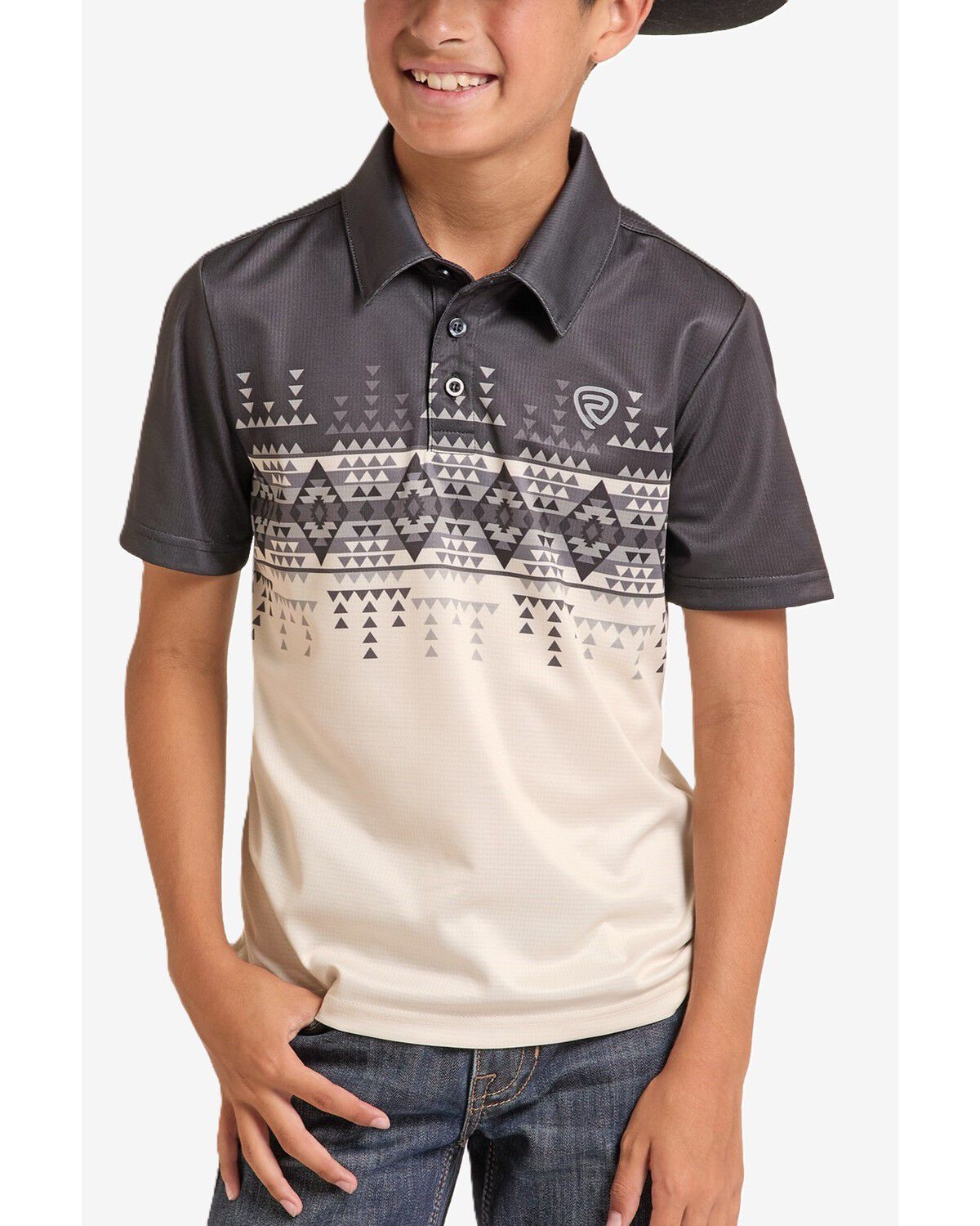 Rock & Roll Denim Boys' Dale Brisby Border Print Short Sleeve Polo, Grey, hi-res