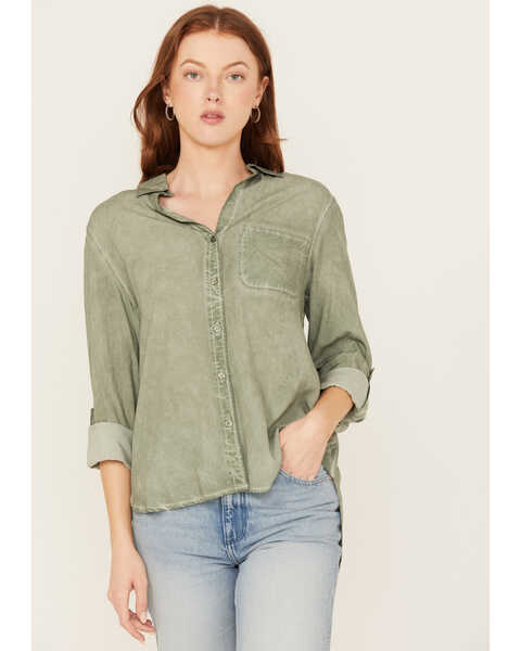 Image #1 - Velvet Heart Women's Washed Out Button Front Shirt, Olive, hi-res