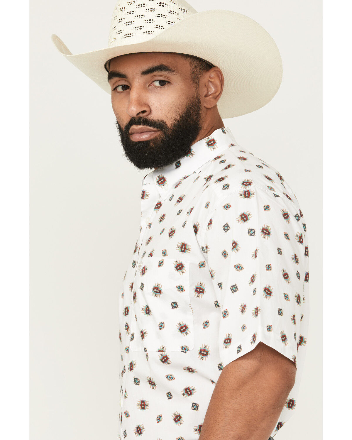 Image #2 - Ariat Men's Westscott Geo Print Short Sleeve Button-Down Western Shirt, White, hi-res