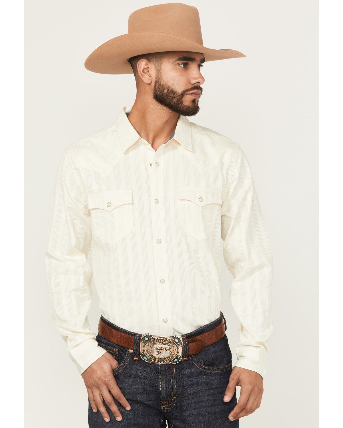 Image #1 - Cody James Men's Rustic Range Tonal Striped Long Sleeve Snap Western Shirt - Big, Cream, hi-res