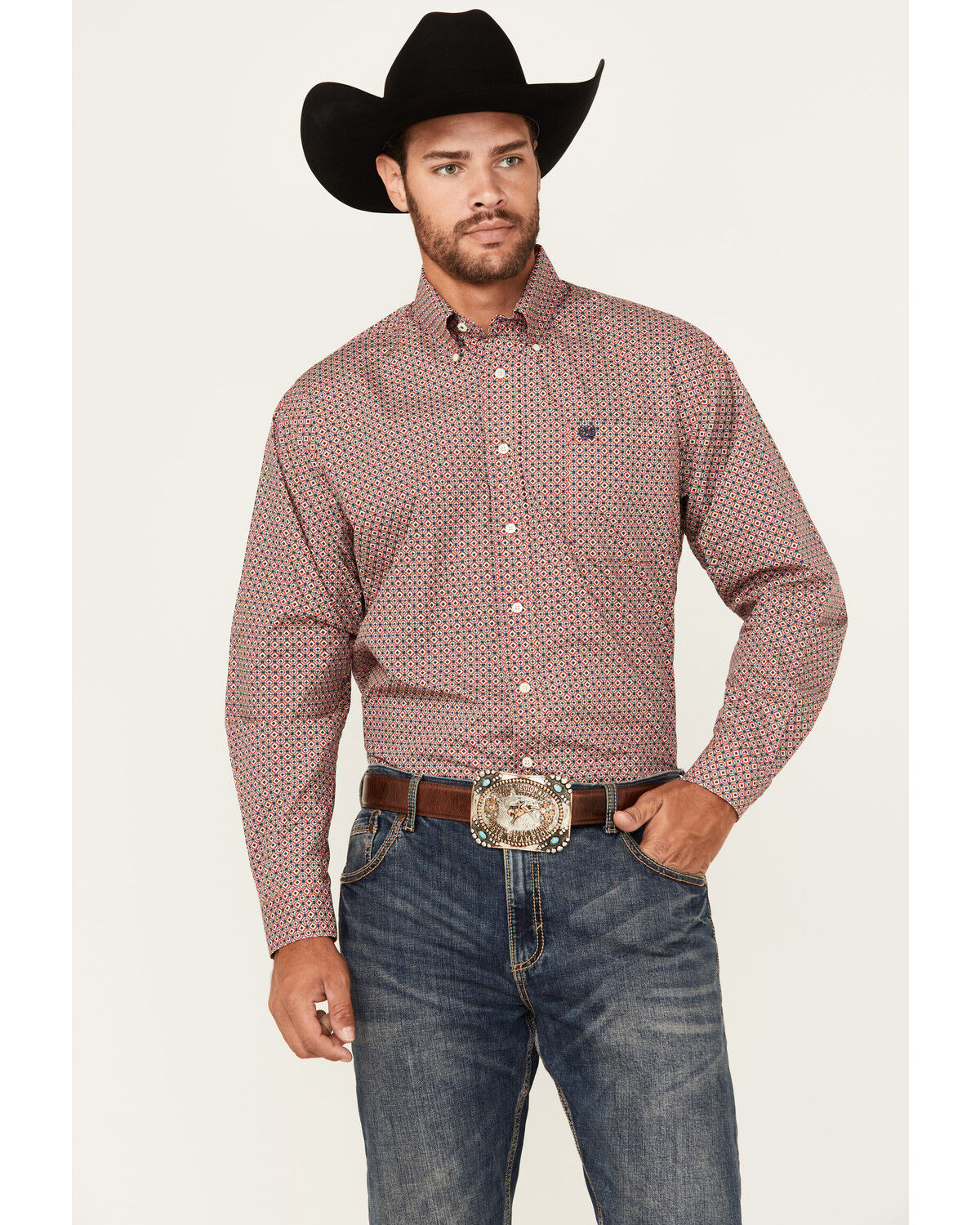 Image #1 - Cinch Men's Geo Print Long Sleeve Button-Down Western Shirt, Red, hi-res