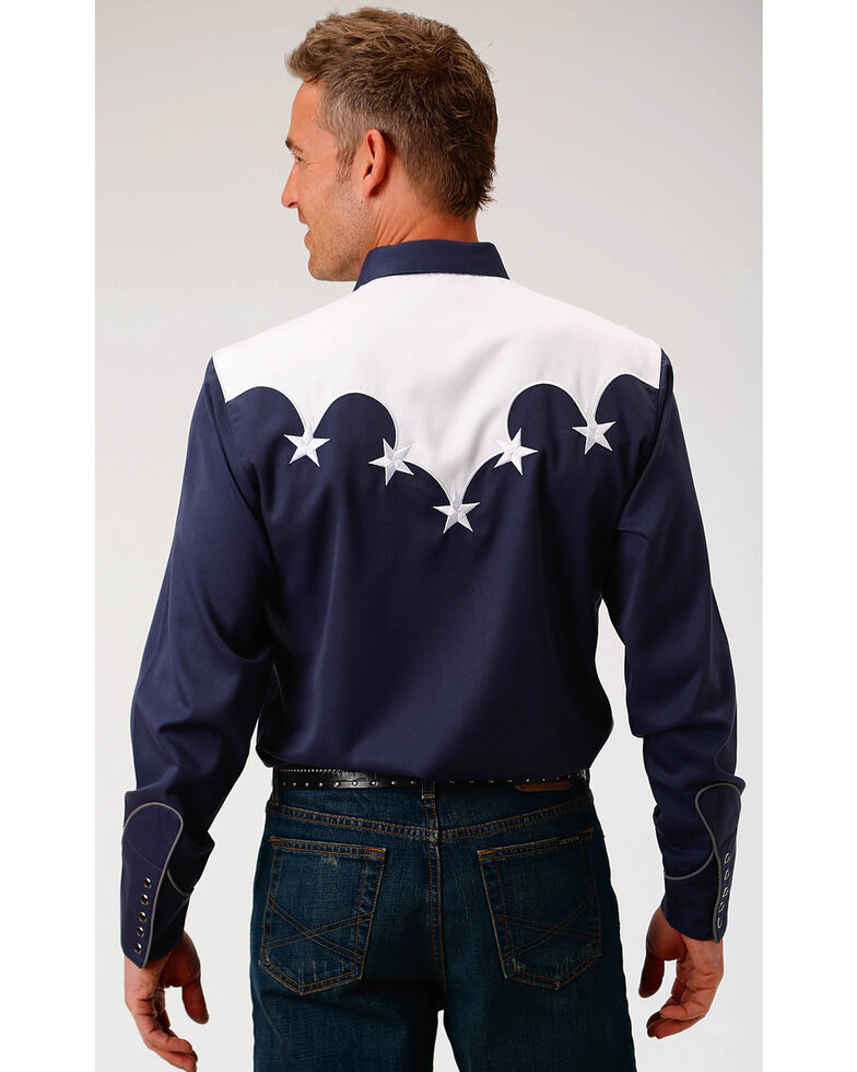 Roper Men S Solid Navy White Yoke Stars Long Sleeve Snap Shirt
