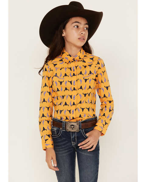 Cruel Girl Girl's Steer Head Print Long Sleeve Snap Western Shirt, Gold, hi-res