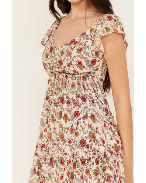 Image #3 - Angie Women's Floral Print Short Sleeve Tiered Ruffle Dress , Ivory, hi-res