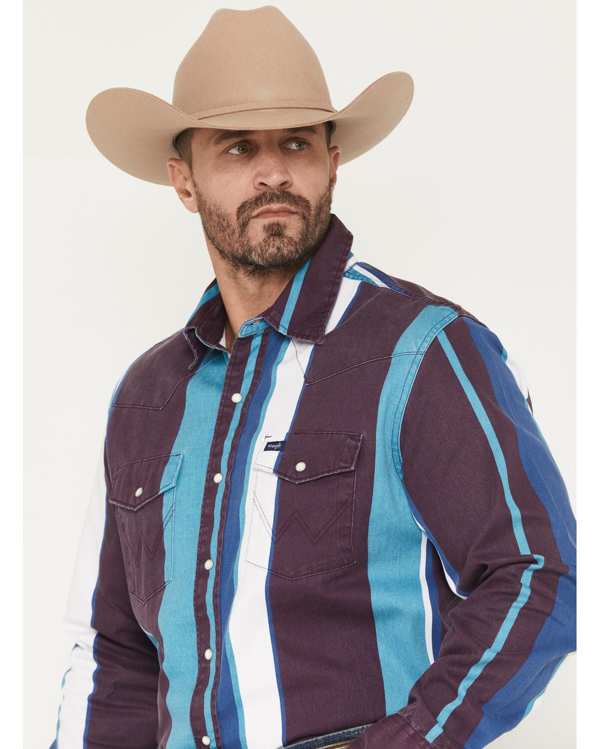 Image #2 - Wrangler Men's Brushpopper Denim Striped Long Sleeve Snap Western Shirt, Multi, hi-res