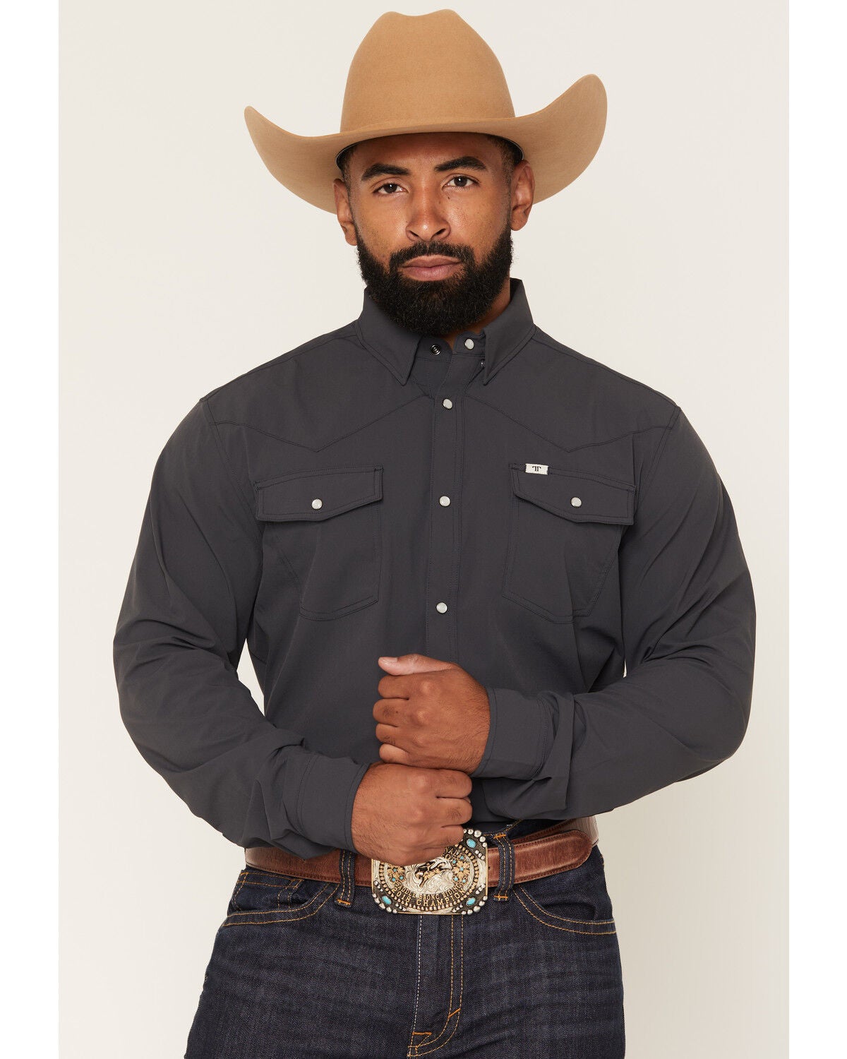 Image #1 - Ferrell Men's Tek Solid Long Sleeve Snap Performance Western Shirt, Charcoal, hi-res
