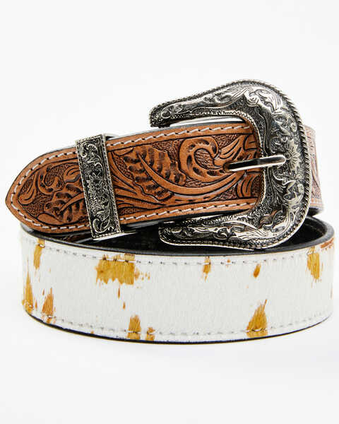 Shyanne Women's Cowhide and Floral Tooled Belt, Brown, hi-res