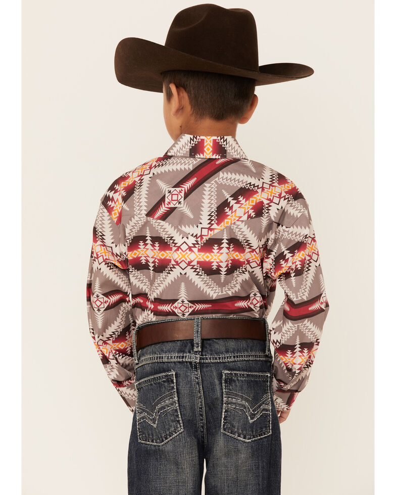 Rock & Roll Denim Boys' Brown Southwestern Stripe Long Sleeve Snap Western Shirt , Brown, hi-res