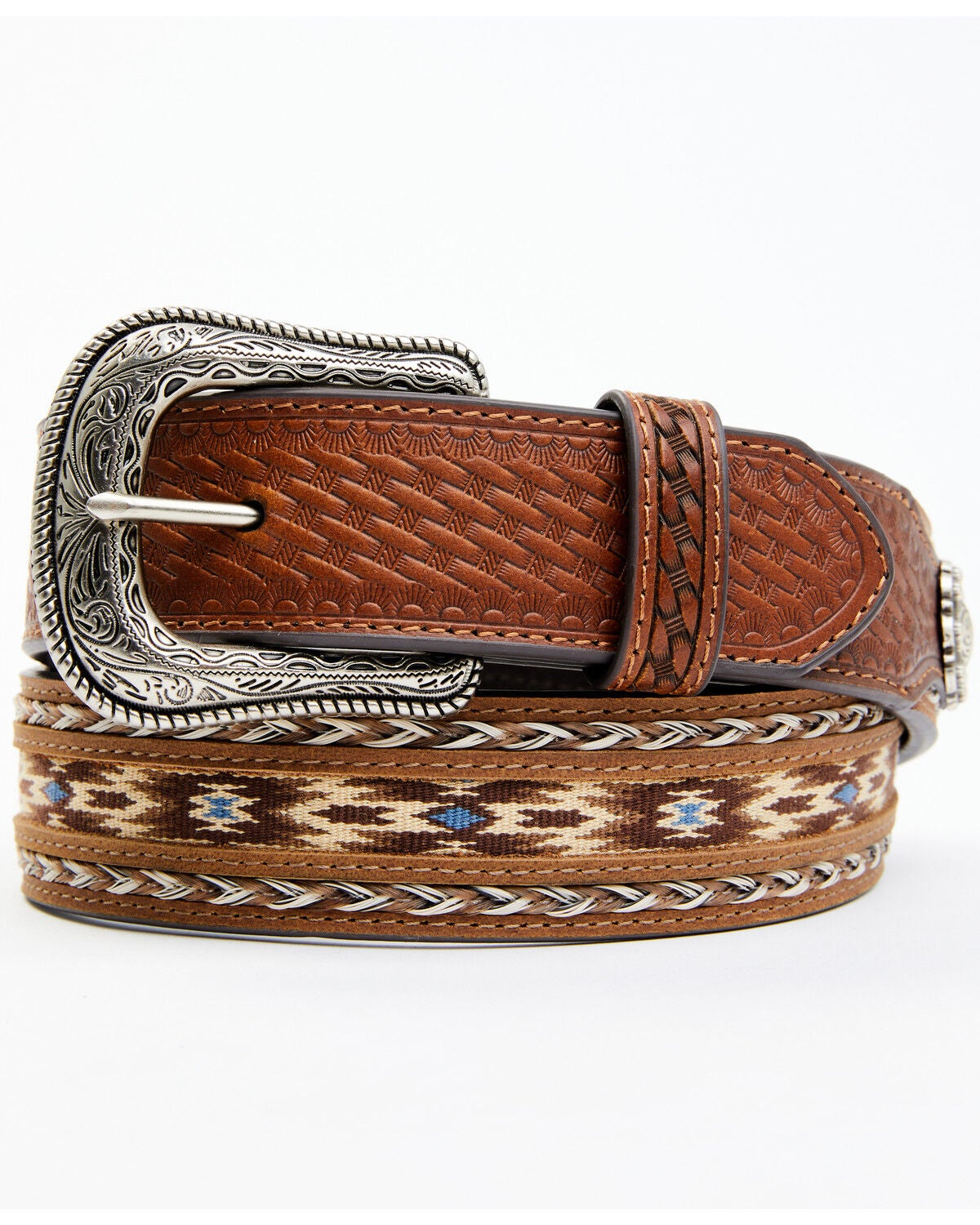 Cody James Men's Southwestern Concho Ribbon Inlay Belt, Lt Brown, hi-res