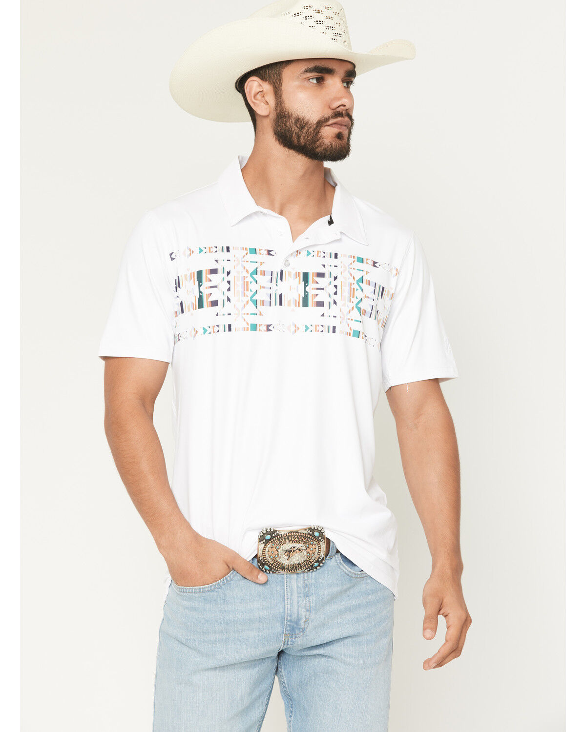 Image #1 - Hooey Men's The Weekender Southwestern Border Print Short Sleeve Polo Shirt, White, hi-res