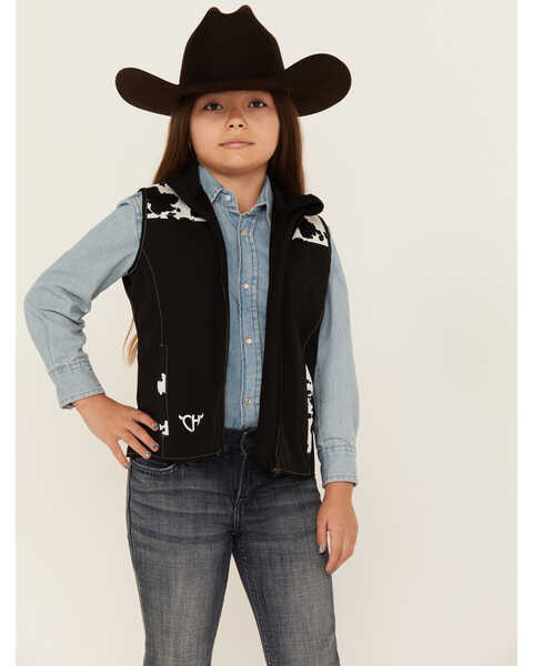Image #1 - Cowgirl Hardware Girls' Cow Print Yoke Poly Shell Vest, Black, hi-res