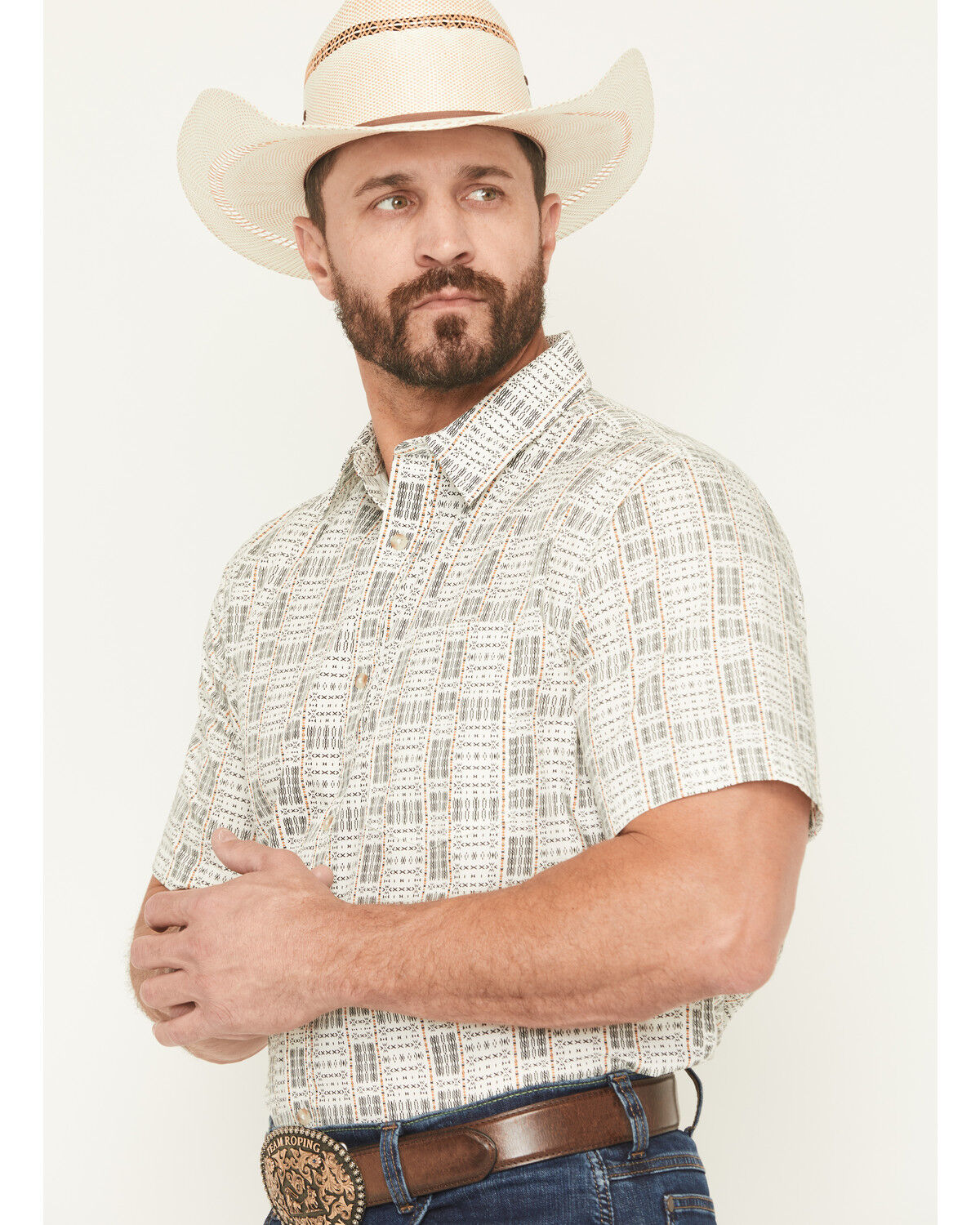 Image #2 - Gibson Trading Co Men's Chicken Scratch Southwestern Print Short Sleeve Button-Down Western Shirt, Cream, hi-res