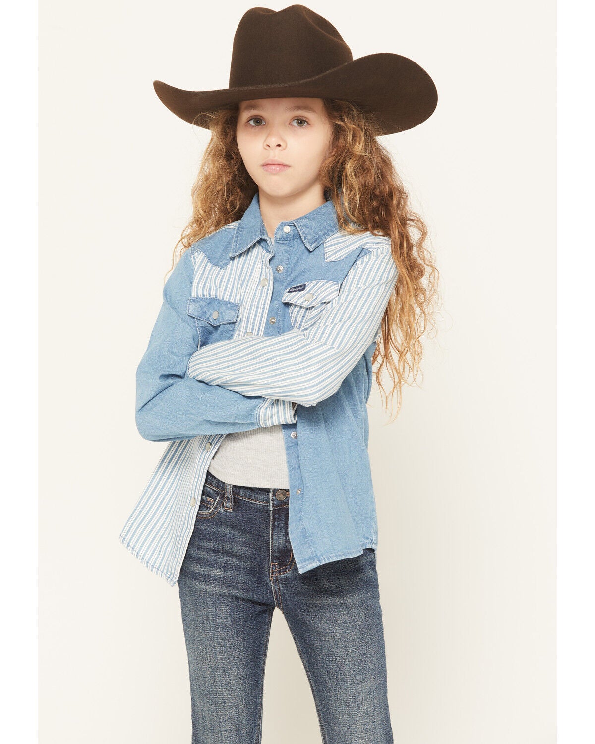 Image #1 - Wrangler Girls' Striped Denim Long Sleeve Snap Western Shirt, Blue, hi-res