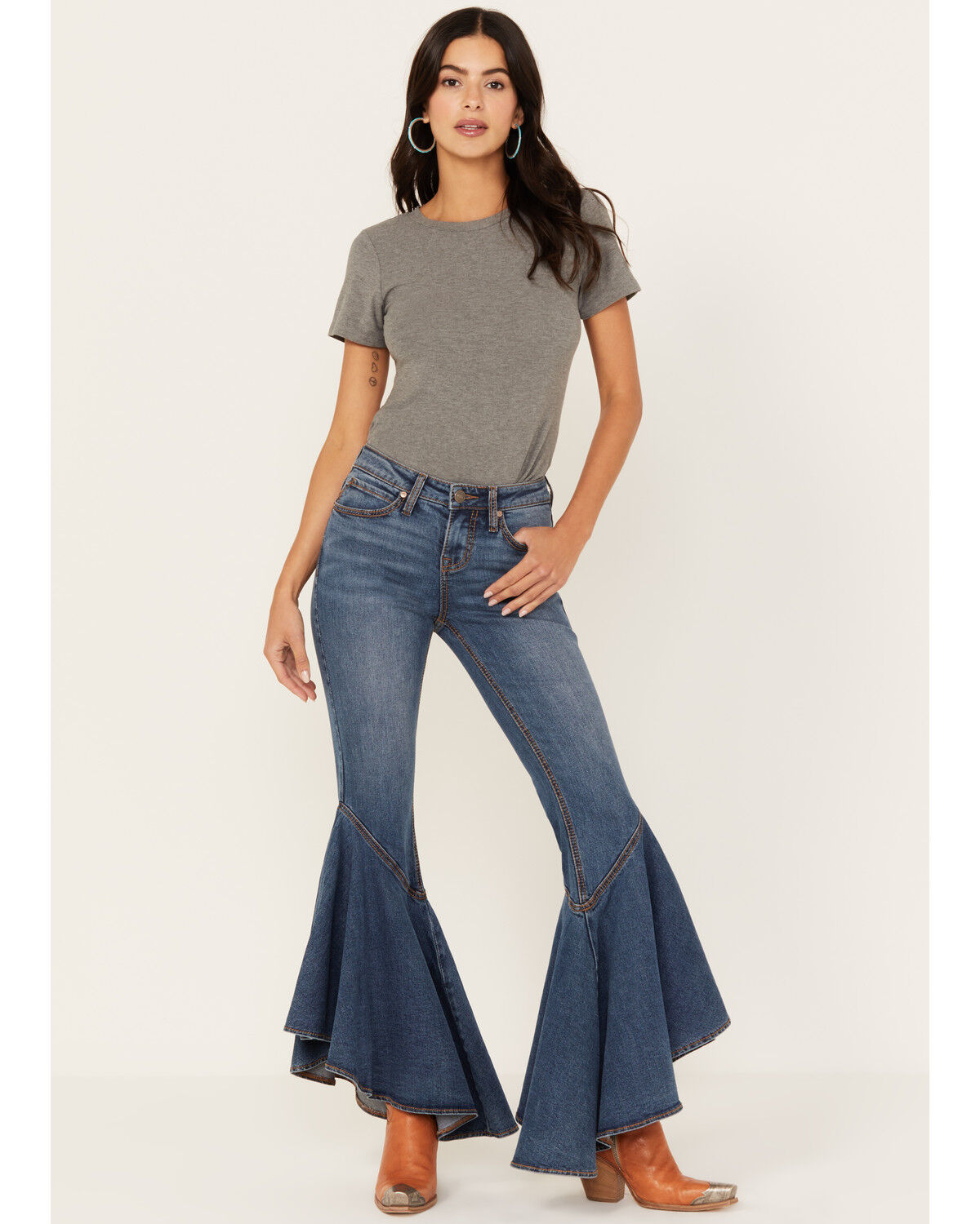Image #1 - Shyanne Women's Medium Wash High Rise Ruffled Super Flare Stretch Jeans, , hi-res