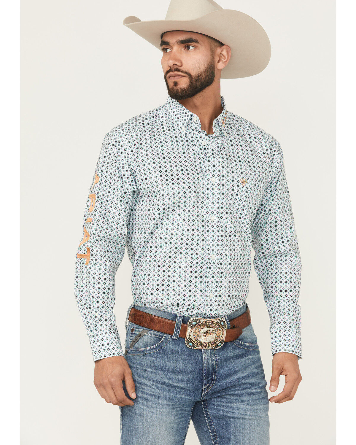 Image #2 - Ariat Men's Team Franklin Geo Print Long Sleeve Button-Down Western Shirt - Big, Blue, hi-res