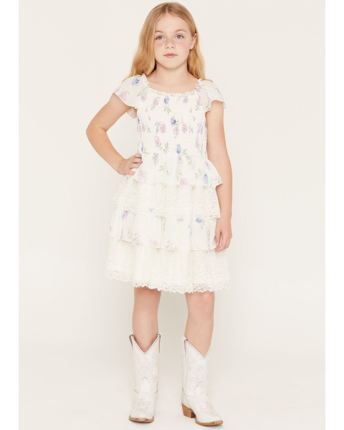 Sugar California Girls' Floral Print Lace Short Sleeve Dress, Ivory, hi-res