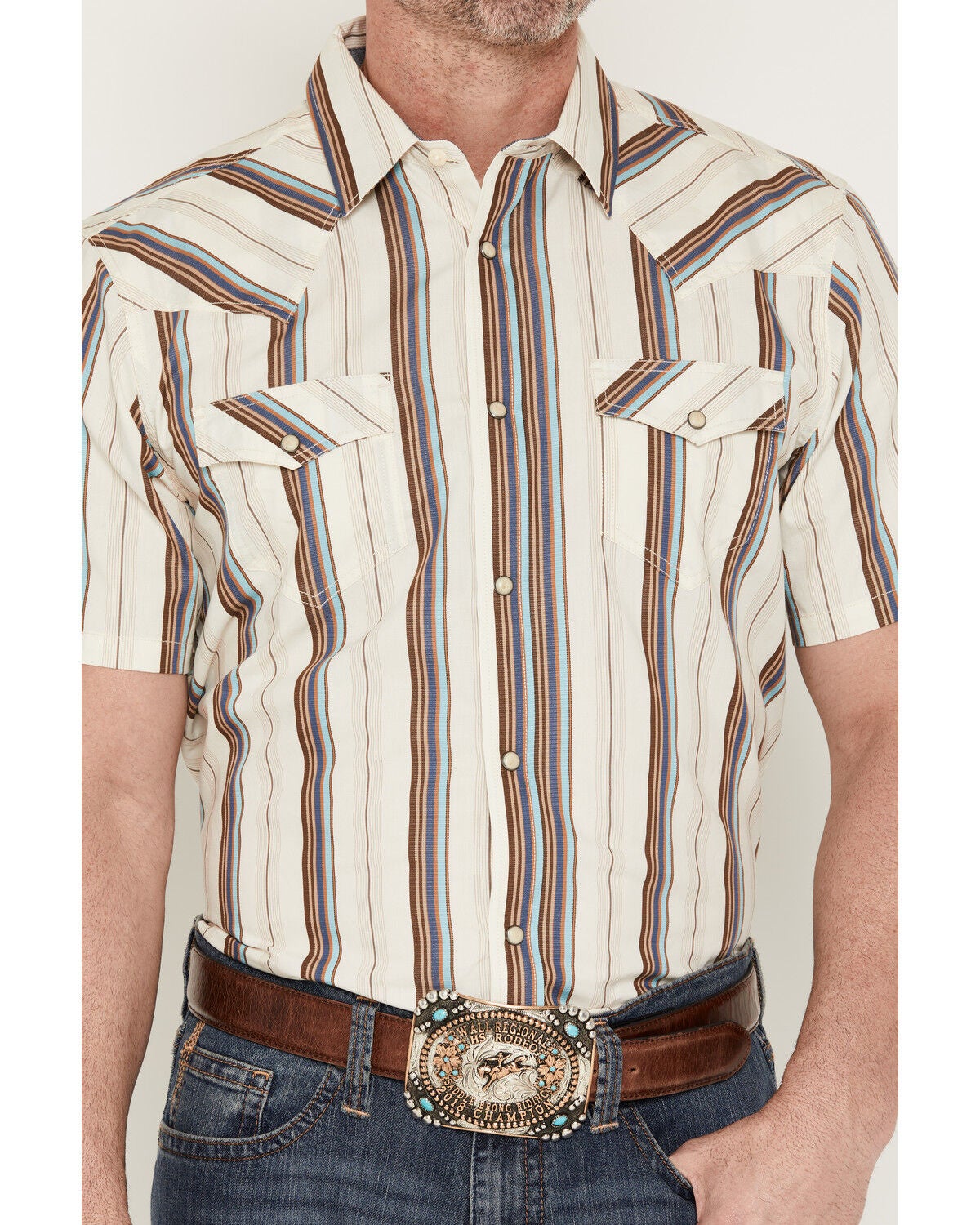 Image #3 - Cody James Men's Bootlegger Stripe Print Short Sleeve Snap Western Shirt, Cream, hi-res