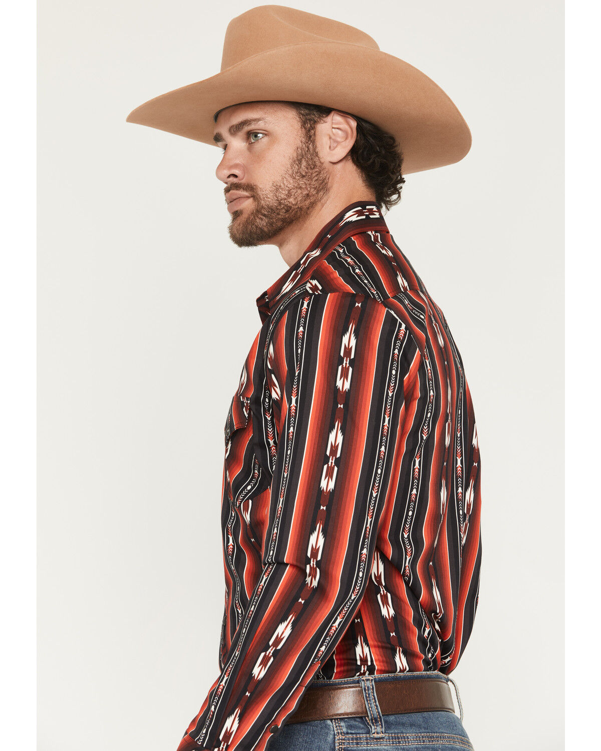 Image #2 - Rock & Roll Denim Men's Southwestern Stripe Long Sleeve Snap Stretch Western Shirt, Burgundy, hi-res
