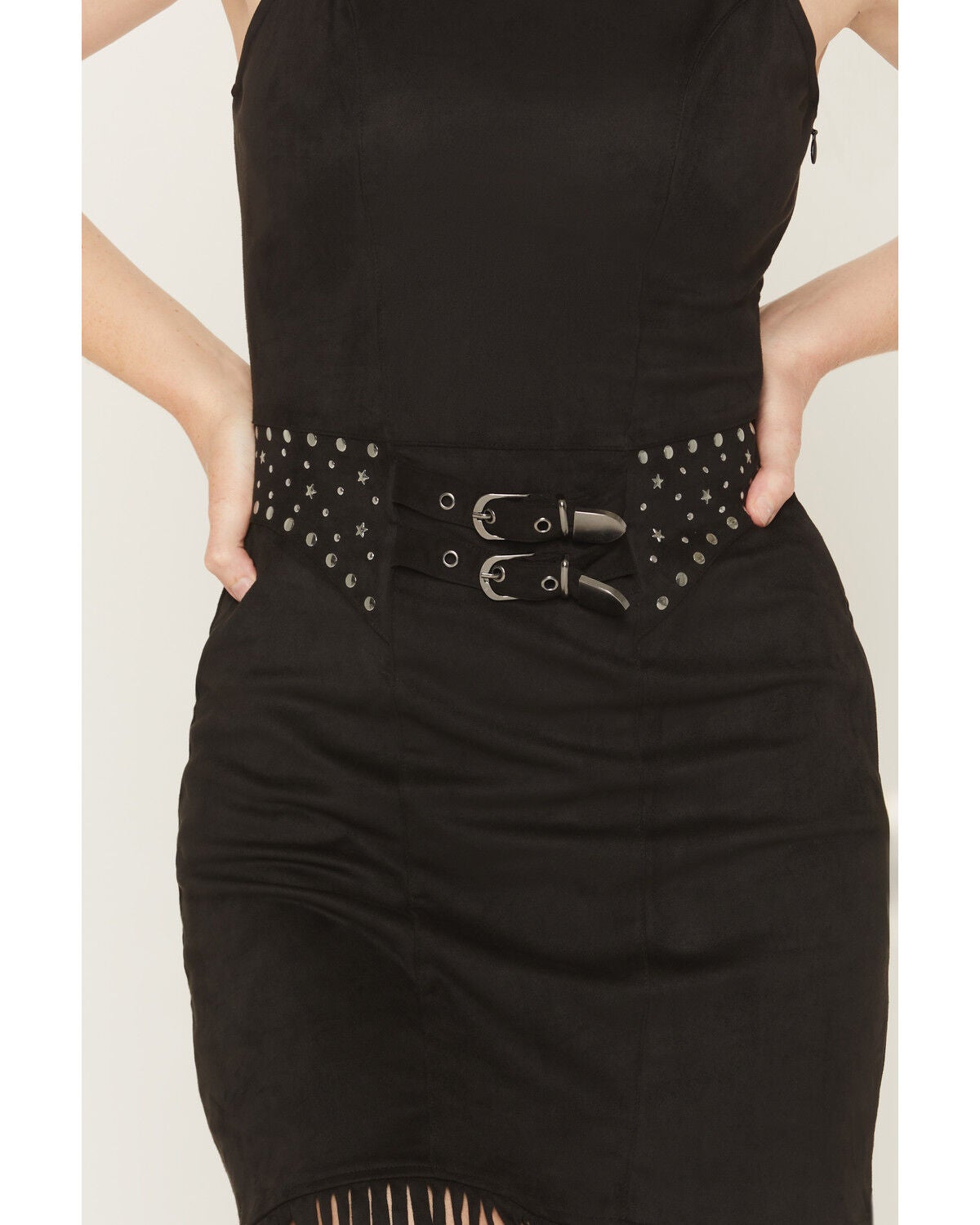 Image #3 - Rock & Roll Denim Women's Faux Suede Fringe Belted Sleeveless Midi Dress, Black, hi-res