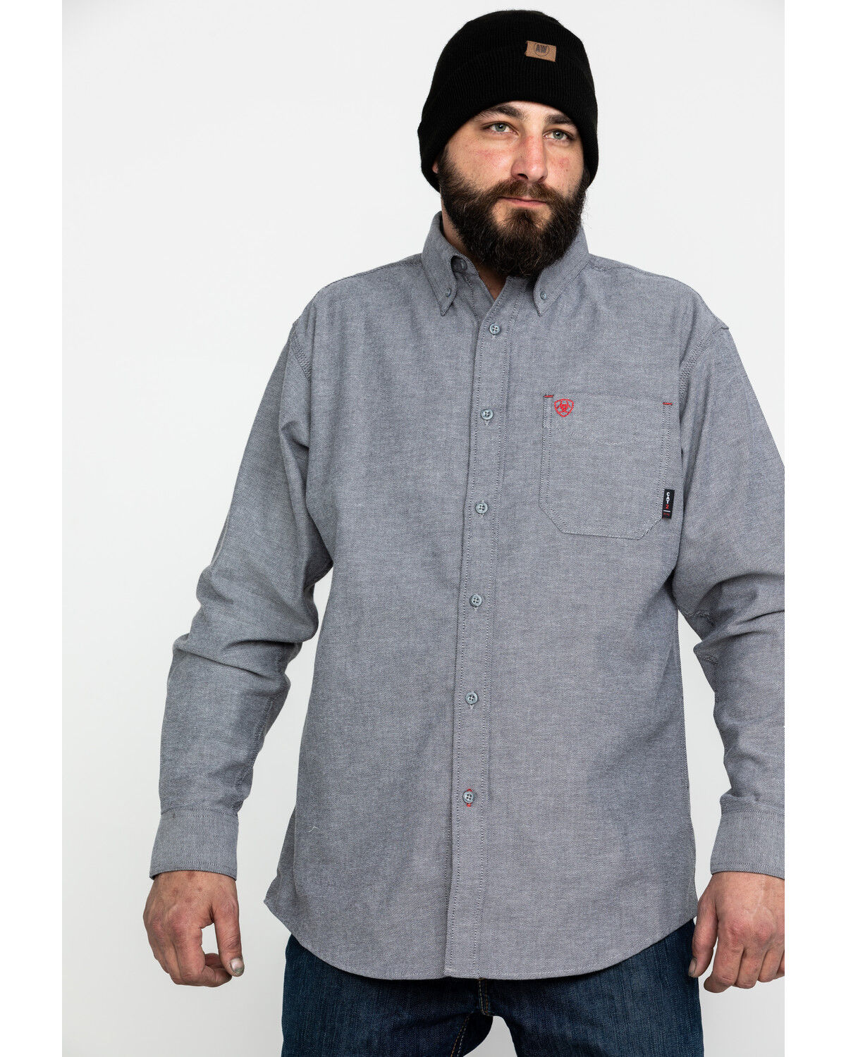 Image #1 - Ariat Men's FR Solid Durastretch Long Sleeve Work Shirt, Navy, hi-res