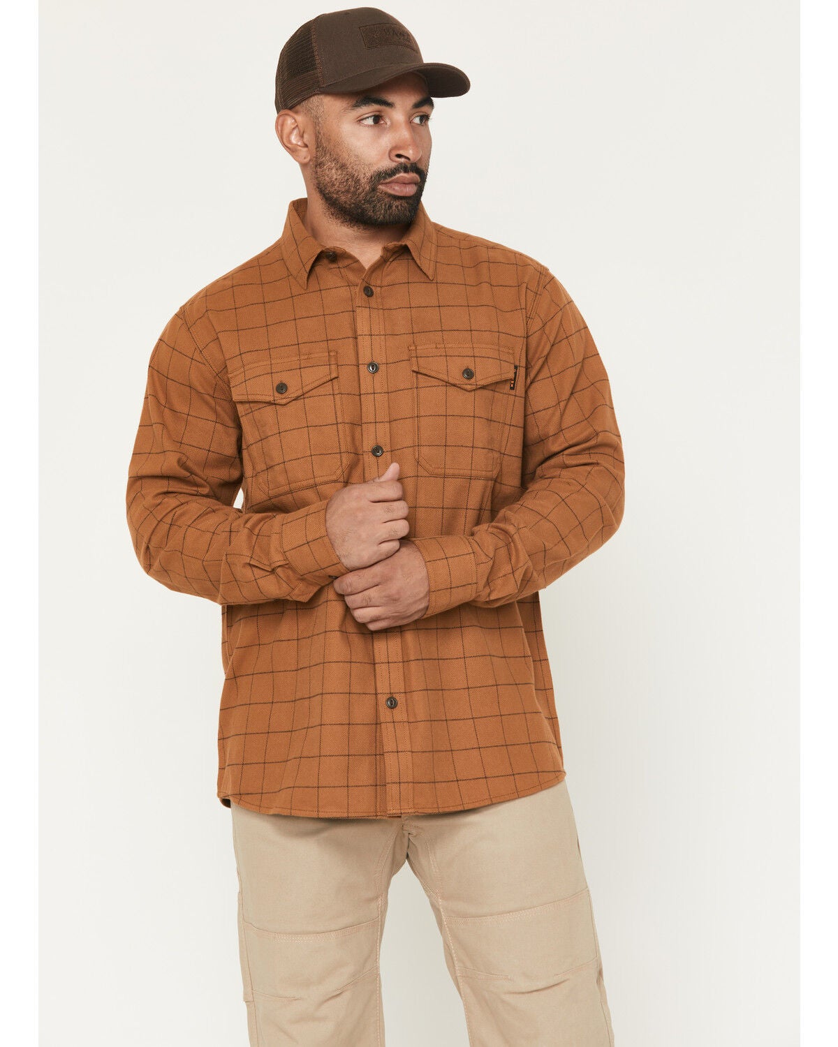 Hawx Men's Grid Plaid Print Long Sleeve Button-Down Flannel Shirt, Rust Copper, hi-res