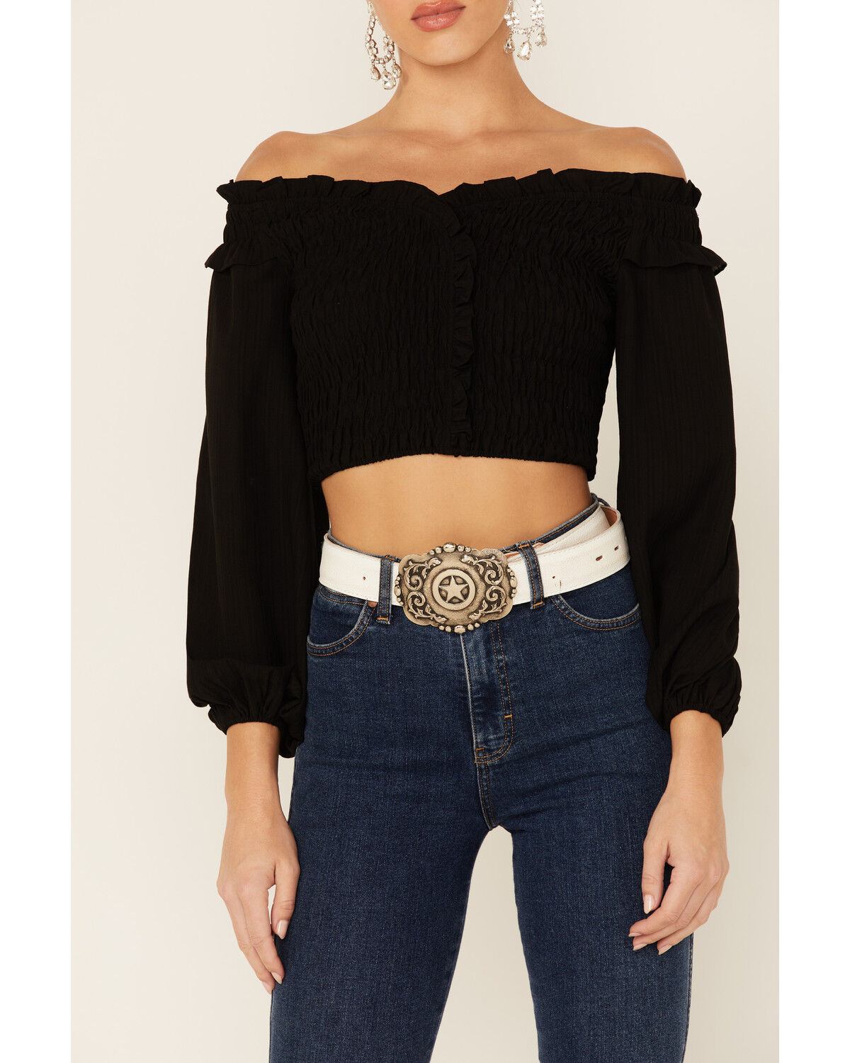 Image #2 - Flying Tomato Women's Solid Off The Shoulder Smocked Crop Long Sleeve Top, , hi-res