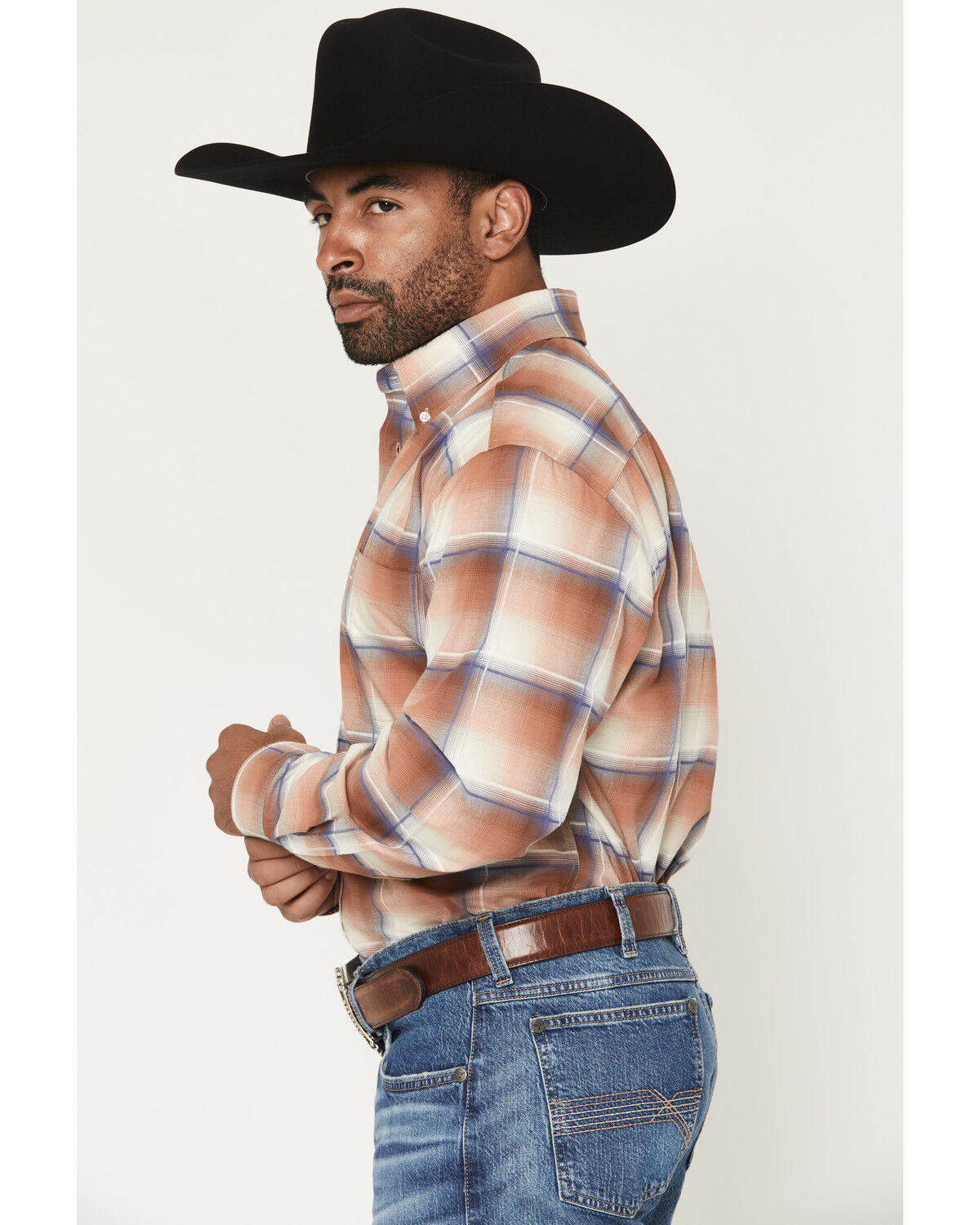 Image #2 - Panhandle Slim Men's Plaid Print Long Sleeve Button-Down Stretch Western Shirt, Rust Copper, hi-res