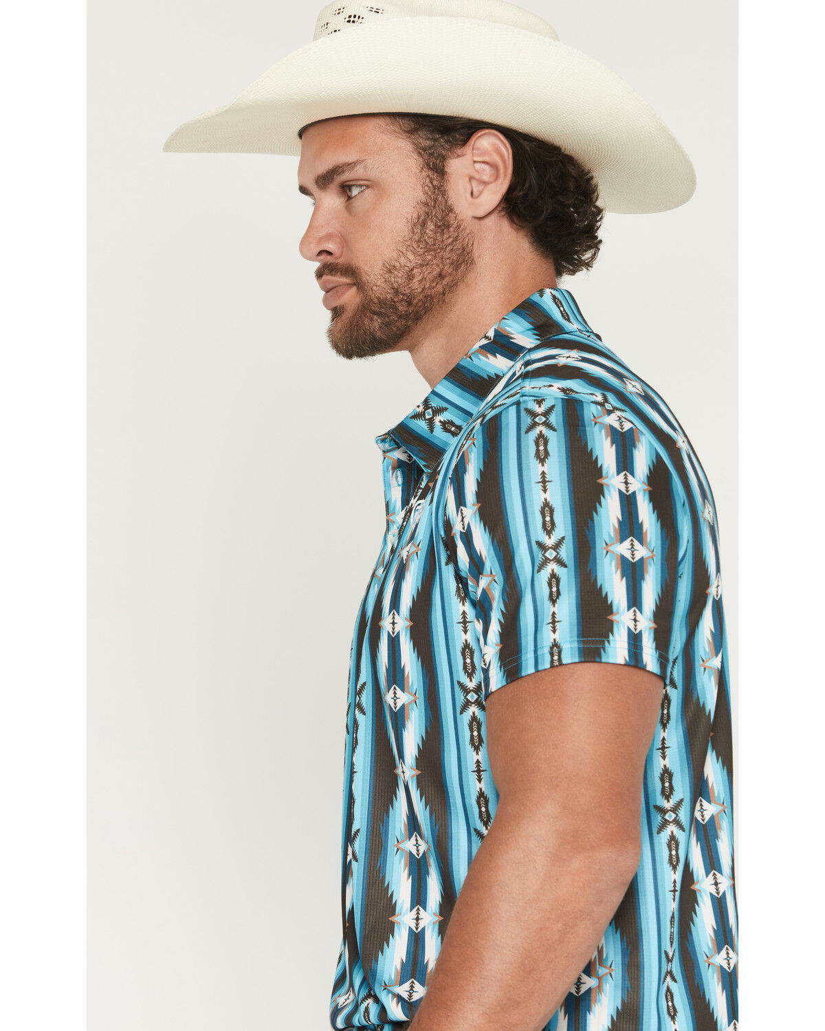 Image #2 - Rock & Roll Denim Men's Southwestern Stripe Short Sleeve Button-Down Stretch Polo Shirt, Teal, hi-res