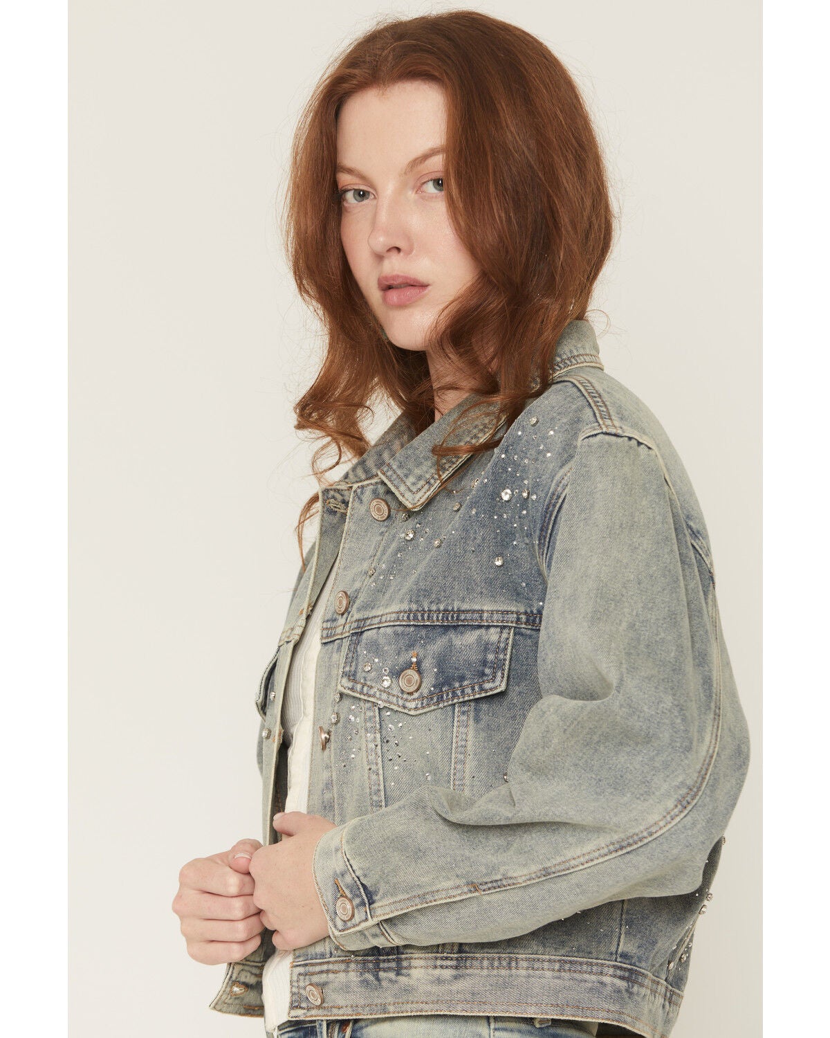 Image #2 - Azalea Wang Women's Medium Wash Rhinestone Button-Down Cropped Denim Jacket, Medium Wash, hi-res