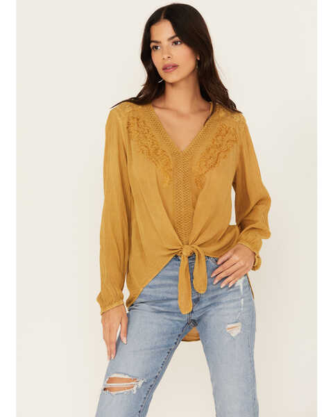 Image #1 - Nostalgia Women's Embroidered Tie Front Long Sleeve Top, Mustard, hi-res