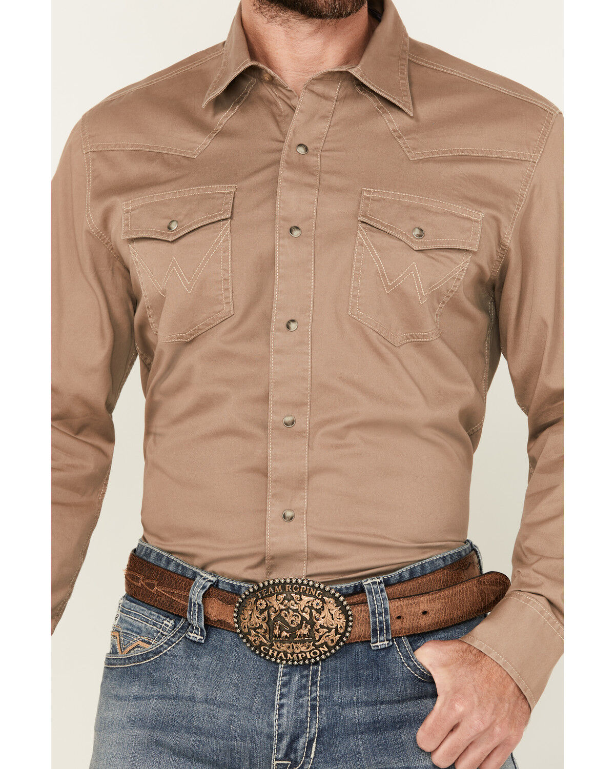 Image #3 - Wrangler Retro Men's Solid Long Sleeve Snap Western Shirt - Tall, Taupe, hi-res