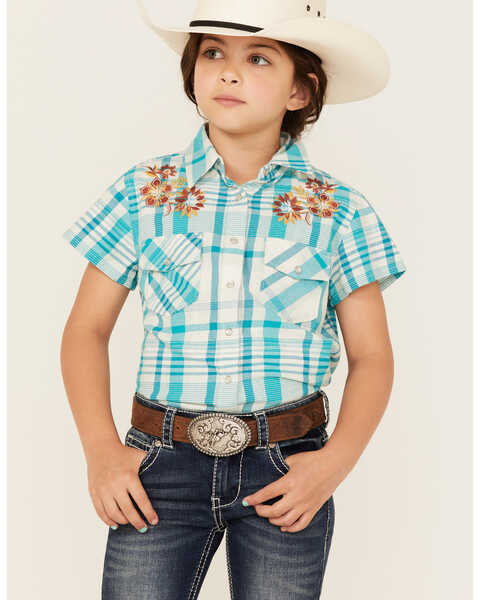 Image #1 - Shyanne Girls' Embroidered Plaid Print Short Sleeve Pearl Snap Shirt, Turquoise, hi-res