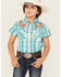 Shyanne Girls' Embroidered Plaid Print Short Sleeve Pearl Snap Shirt, Turquoise, hi-res