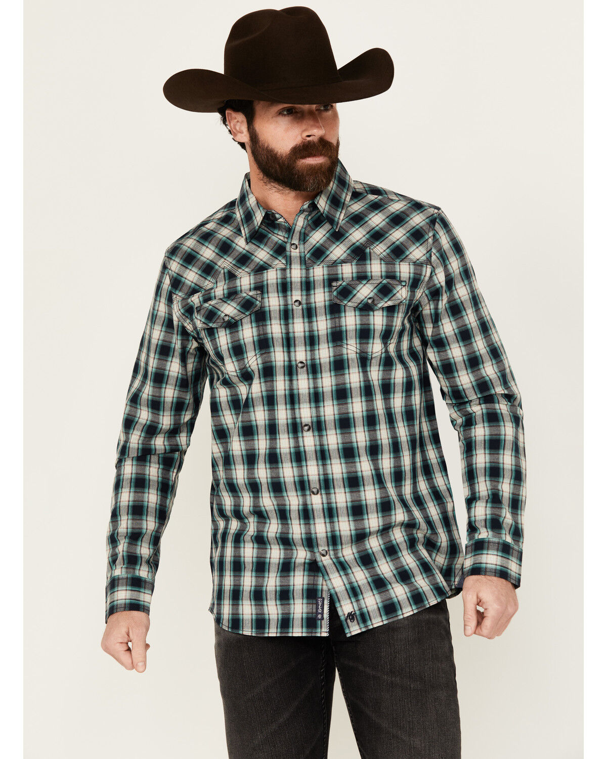 Image #1 - Moonshine Spirit Men's Autograph Plaid Print Long Sleeve Snap Western Shirt, Navy, hi-res
