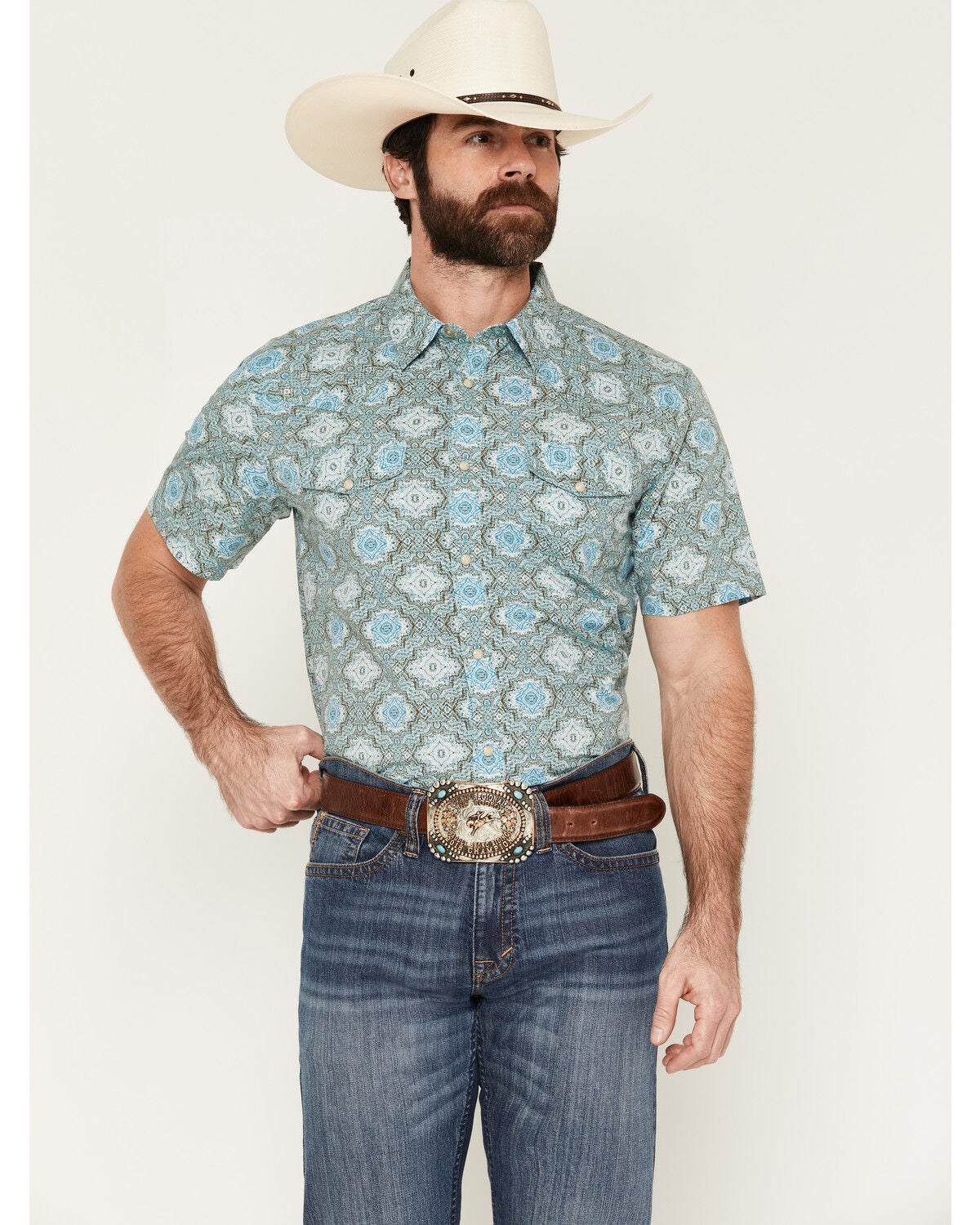 Gibson Trading Co Men's Desert Tapestry Medallion Print Short Sleeve Snap Western Shirt, Blue, hi-res